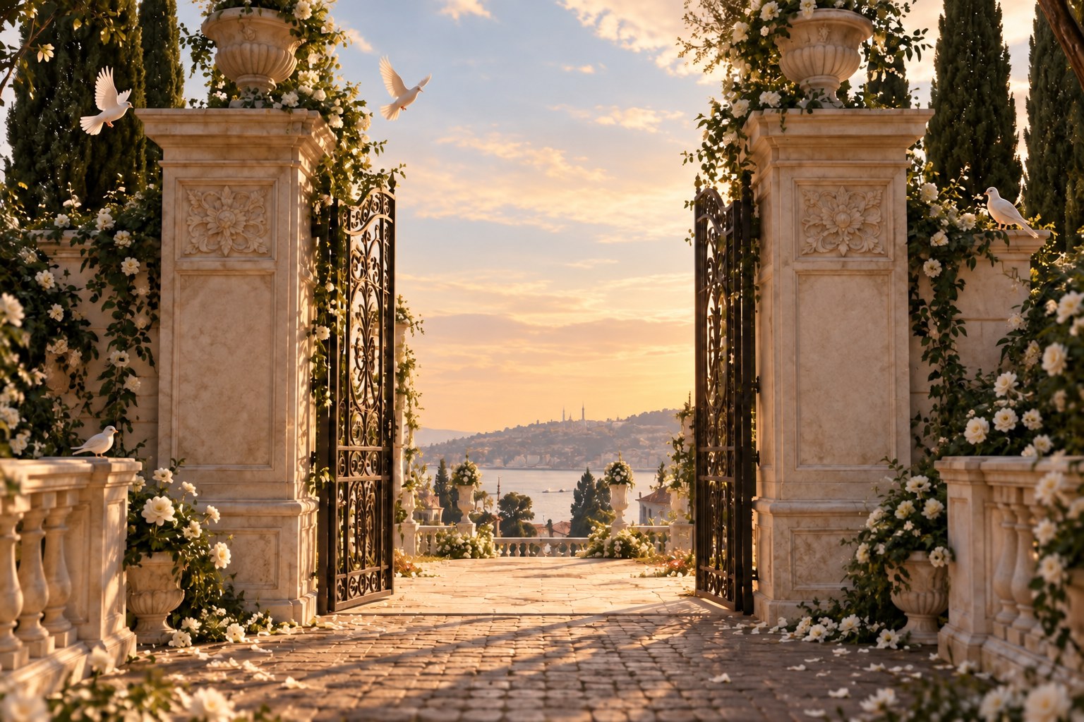 Romantic palace gates — invitation artwork, not a photograph of the venue